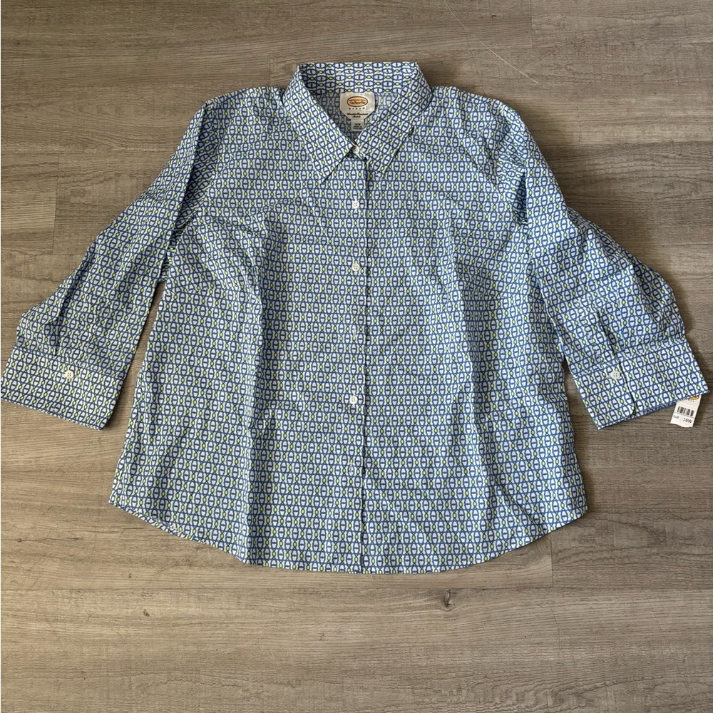 Talbots Button Down Shirt Women’s 16W Geometric Blue Green White Cotton Grandma
